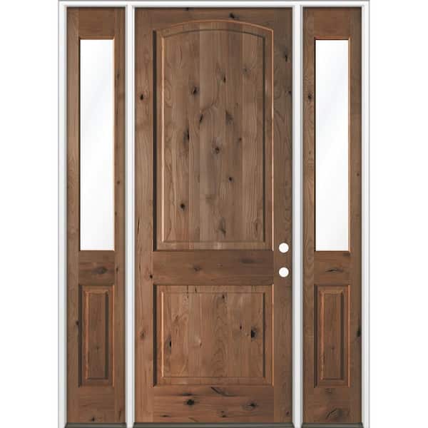 70 in. x 96 in. Knotty Alder 2-Panel Arch-Top Left-H /Inswing Clear Glass True Black Stain Wood Prehung Front Door DHSL