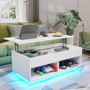 40.16 in. White Rectangle Wood Lift Top Coffee Table with RGB LED Light, Hidden Compartment, Open Shelves