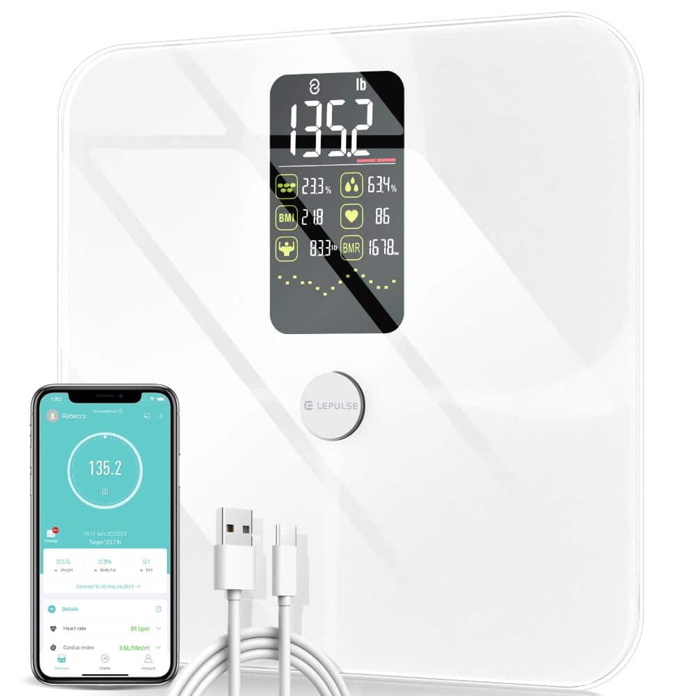 Rechargeable Digital Bathroom Scale with Large LCD in White