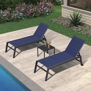 Aluminum 3-Pieces Outdoor Chaise Lounge Patio Lounge Chair with Side Table and Wheels, Navy Blue