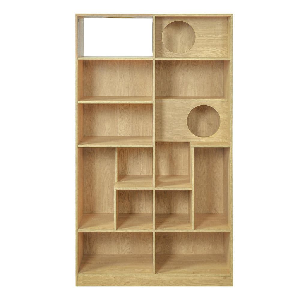 Natural wood bookcase with asymmetrical open shelving and circular cat holes.