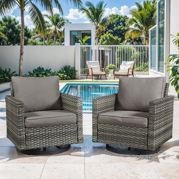 Bellefurn UvaNest 2-Piece Gray Wicker Outdoor Swivel Glider Rocking Chair with Gray Cushion and Deep Seating Set