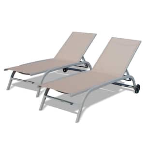 Set of 2 Outdoor 5 Adjustable Position Lounge Chairs with Wheels, Pool Lounge Chairs Khaki for Beach, Deck, Poolside