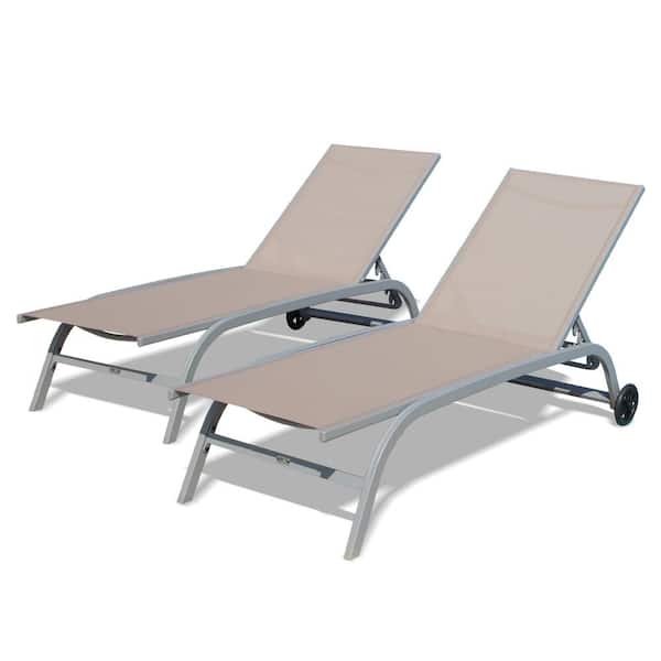 Unbranded Set of 2 Outdoor 5 Adjustable Position Lounge Chairs with Wheels, Pool Lounge Chairs Khaki for Beach, Deck, Poolside
