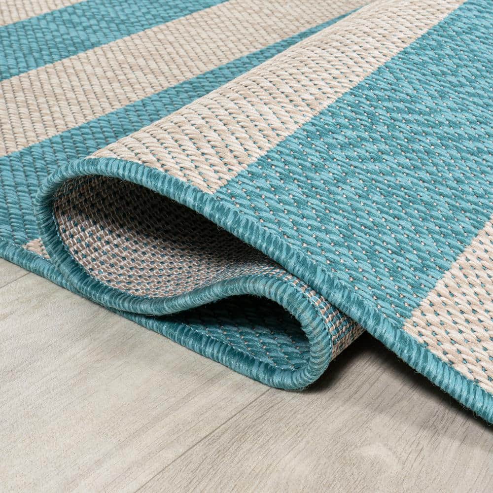 Ivory and Aqua Wide Stripe Reversible Indoor/Outdoor Rug