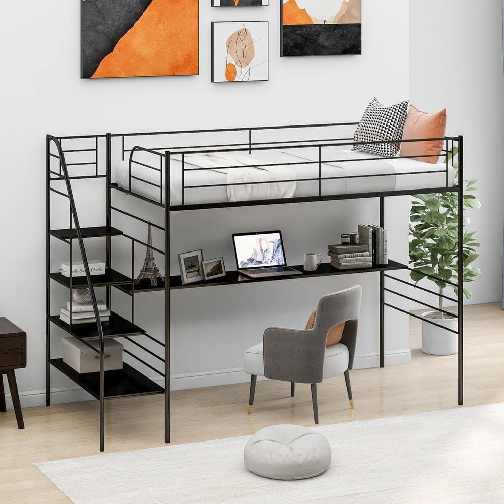 Qualler Black Twin Metal Loft Bed Frame with Desk BWM000604B - The Home ...