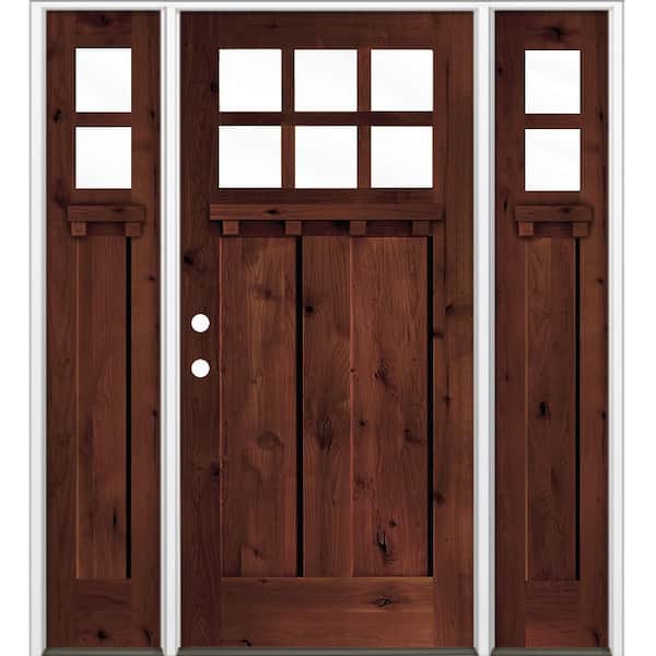 60 in. x 80 in. Knotty Alder Right-Hand/Inswing 6 Lite Clear Glass DS Red Mahogany Stain Wood Prehung Front Door w/ DSL