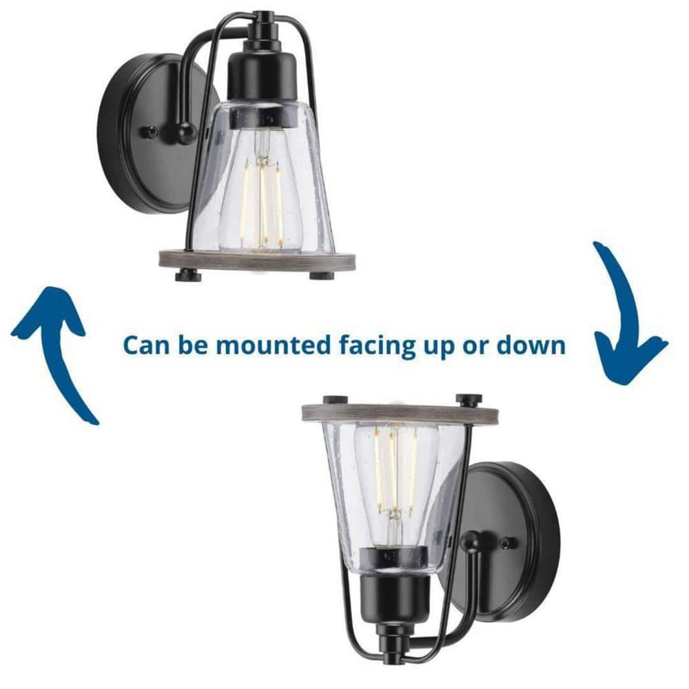 Matte Black Bell-Shaped Wall Sconce with Clear Seeded Glass Shade