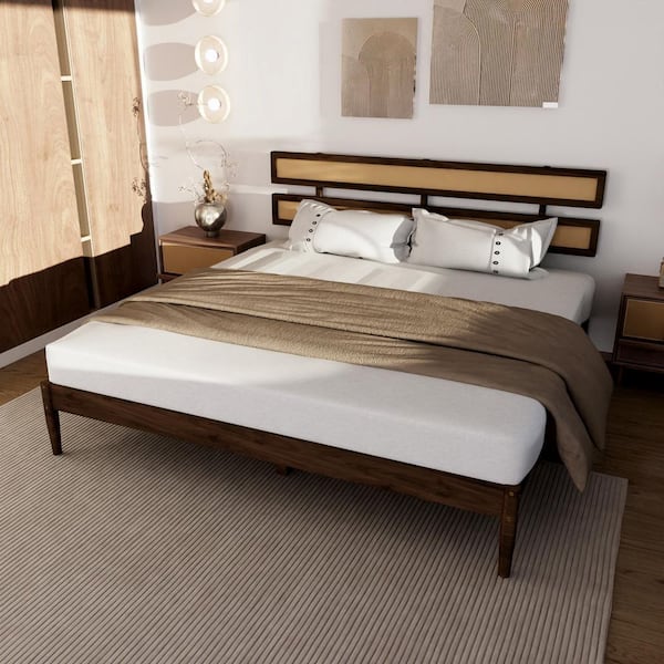 Brown Wood Frame King Platform Bed with Rattan Headboard