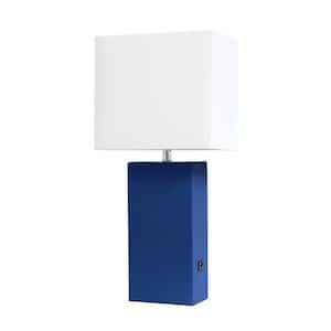 21 in. Blue Modern Leather Table Lamp with USB and White Fabric Shade