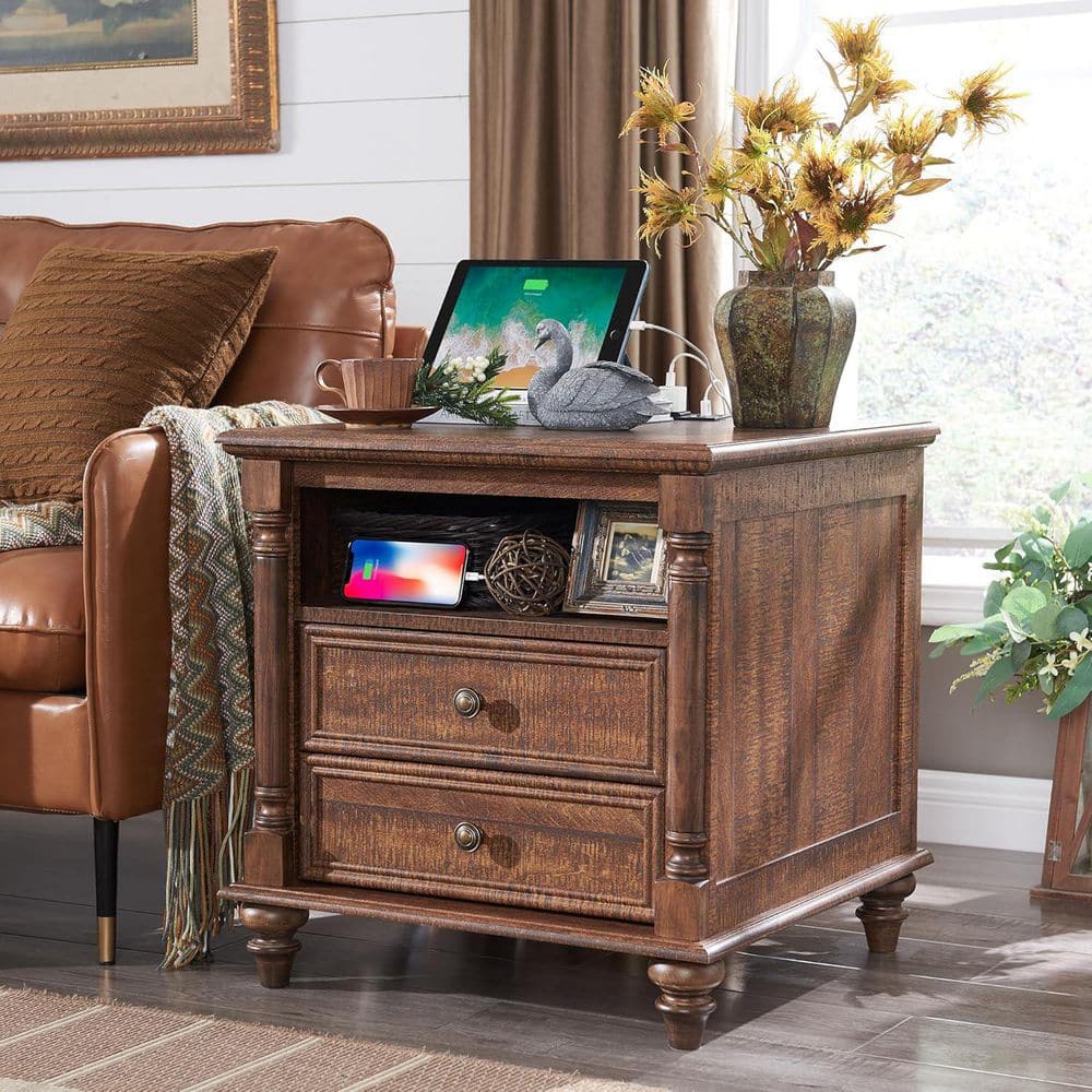Farmhouse Reclaimed Barnwood 2 Drawers 24 in. W Nightstand with Open Cubby and Charging Station price history on PriceWatchPro