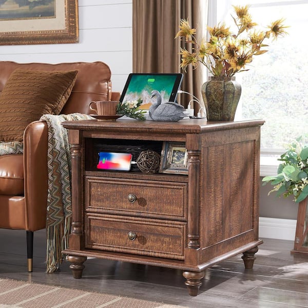 Farmhouse Reclaimed Barnwood 2 Drawers 24 in. W Nightstand with Open Cubby and Charging Station