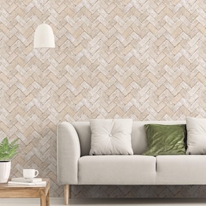 Herringbone Brick Beige/Grey Design Matte Finish Vinyl on Non-Woven Non-Pasted Wallpaper Roll