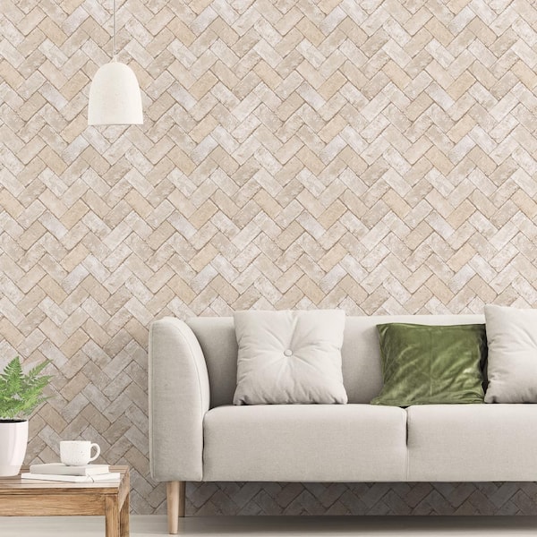 Herringbone Brick Beige/Grey Design Matte Finish Vinyl on Non-Woven Non-Pasted Wallpaper Sample