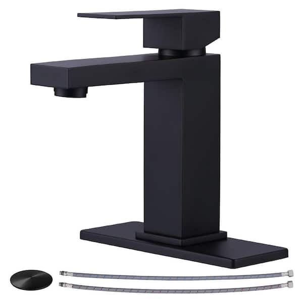 Single Handle Single Hole Bathroom Faucet with Pop-Up Drain and 2 Water Inlet Pipes Included in Matte Black