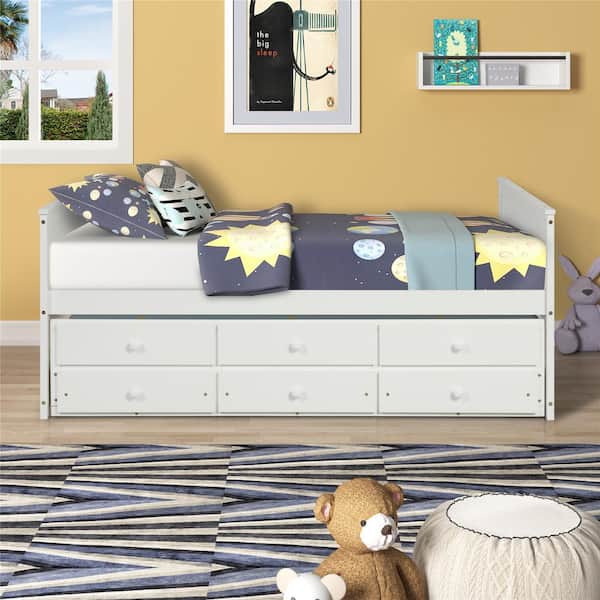 Magic Home White Full Size Daybed Captain Bed With Twin Trundle And 3 Drawers Made By Solid Wood Cs W697s00002 Daybed Captain Bed With Twin Size, Captain Bed With Storage And Trundle