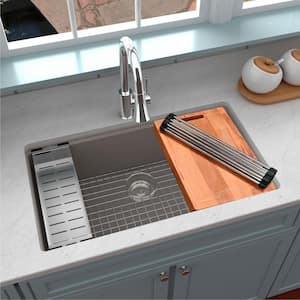 Concrete Quartz 32.5 in. Single Bowl Undermount Workstation Kitchen Sink