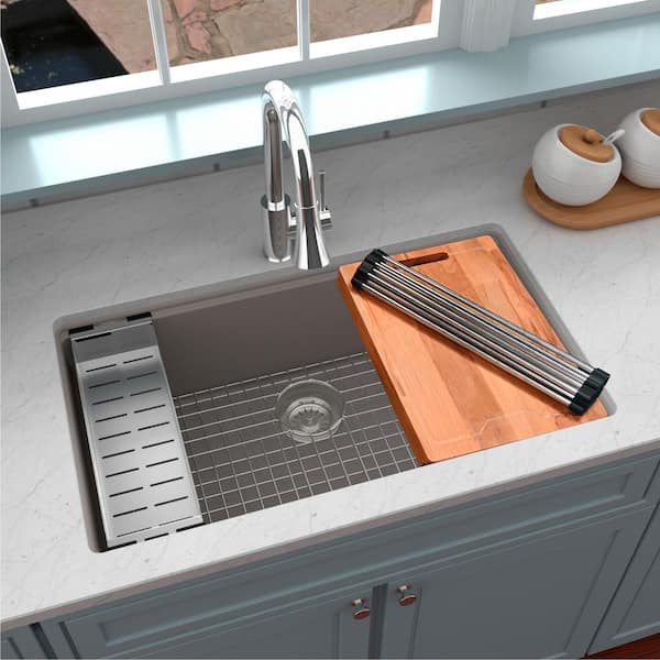 Concrete Quartz 32.5 in. Single Bowl Undermount Workstation Kitchen Sink