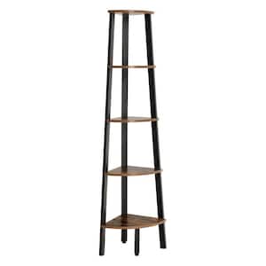 12.8" L x 13.4" W x 62.6" H Brown and Black Five Tier Ladder Style Decorative Wooden Corner Shelf with Iron Framework