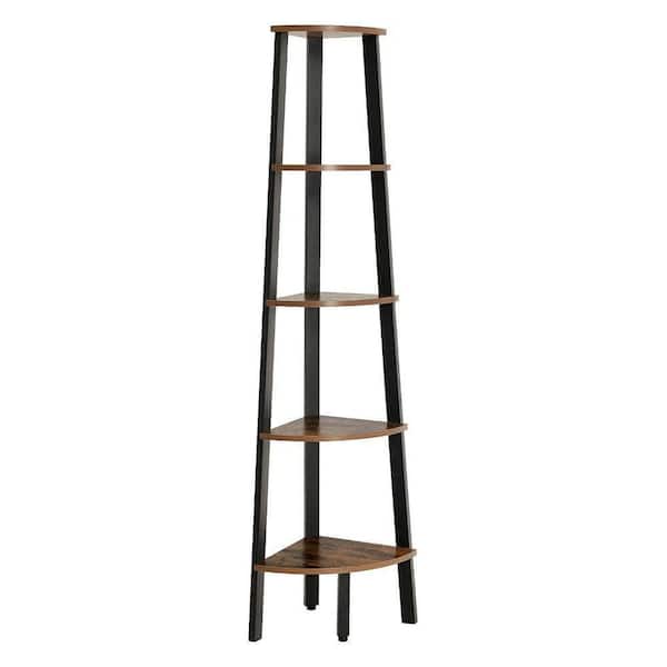 Benjara 12.8" L x 13.4" W x 62.6" H Brown and Black Five Tier Ladder Style Decorative Wooden Corner Shelf with Iron Framework