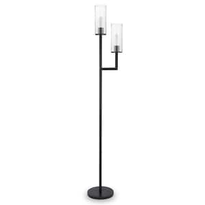 69 in. Black 2 Light 1-Way (On/Off) Torchiere Floor Lamp for Liviing Room with Glass Cylin.der Shade