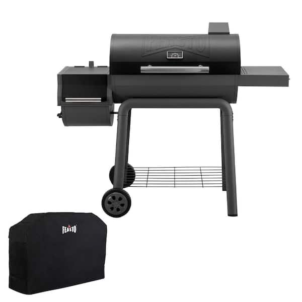 Barrel 30 in. Heavy Duty Charcoal Grill in Black with Offset Smoker and Cover and 832 sq. in. Cooking Area