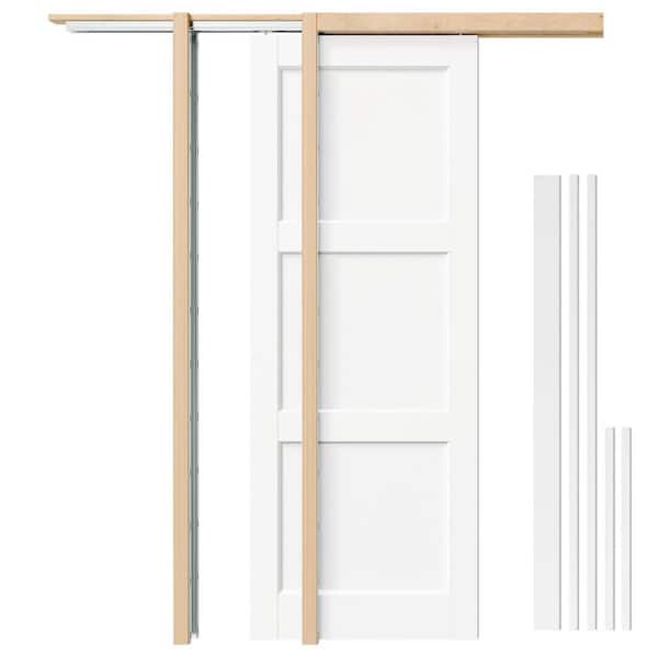 28 in. x 80 in. 3-Panel Primed Wood Pocket Door Slab with Door Frame Kit, Jamb and Header, Sliding Interior Door