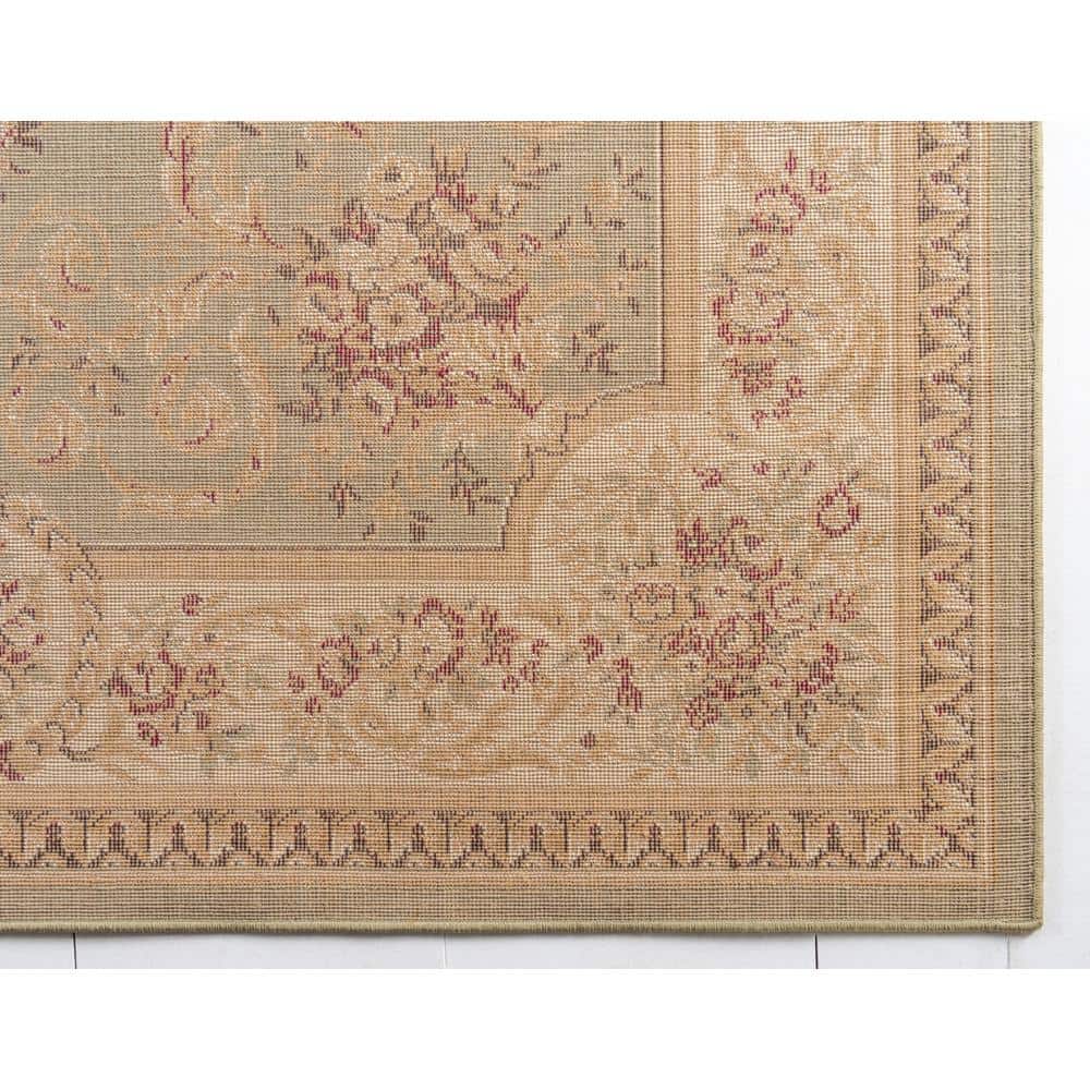 Green and Beige Floral Rectangular Synthetic 9' x 12' Area Rug