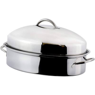 16 in. Silver Stainless Steel Oval Non Stick Roasting Pan/Baking Tray with Lid and Rack