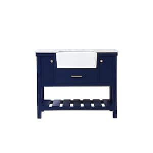Timeless Home 42 in. W x 22 in. D x 34.13 in. H Single Bathroom Vanity Side Cabinet in Blue with White Marble Top