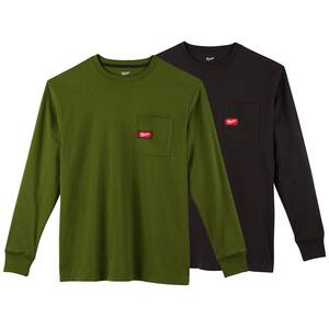 Men's Large Olive Green and Black Heavy-Duty Cotton/Polyester Long-Sleeve Pocket T-Shirt (2-Pack)
