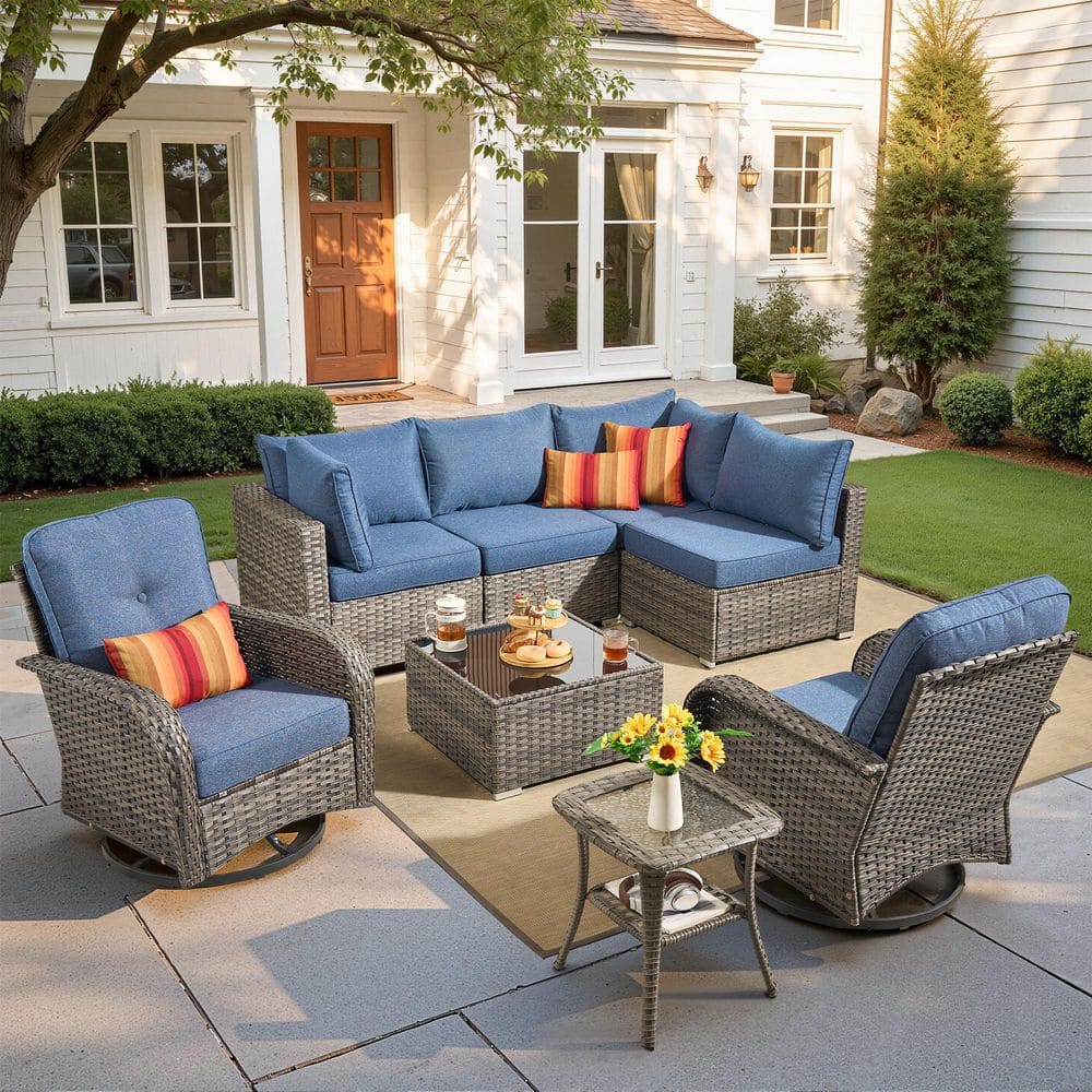 Osmanthus 8 Pieces Wicker Outdoor Patio and Swivel Rocking Chairs with Denim Blue Cushions price history on PriceWatchPro