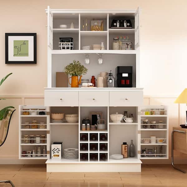 FUFU&GAGA White Wooden Accent Storage Cabinet with Drawers and Hidden Door Storage, Adjustable Shelves, Doors, Wine Storage