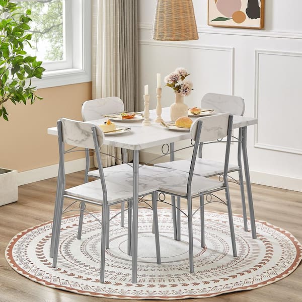 VECELO 5-Piece Dining Table Set, White Rectangular Kitchen Table and Chairs, Dining Room Set with Metal Frame