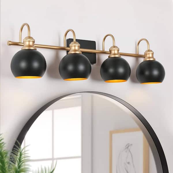 Uolfin 31.1 in. 4-Light Black and Brass Vanity Light with Metal Shades