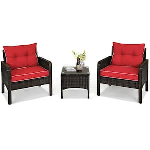 Brown 3-Pieces Wicker Patio Conversation Set with Red Cushions