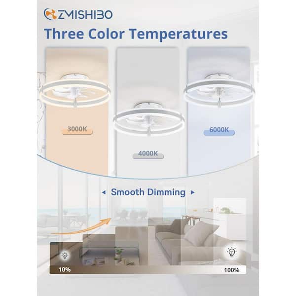 19.7 in. Indoor White Ceiling Fans with LED Lights and Remote, 3000-6000K Dimmable Low Profile Ceiling Fans