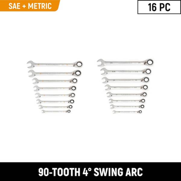 16-Piece SAE/Metric 90-Tooth Reversible Combination Ratcheting Wrench Set