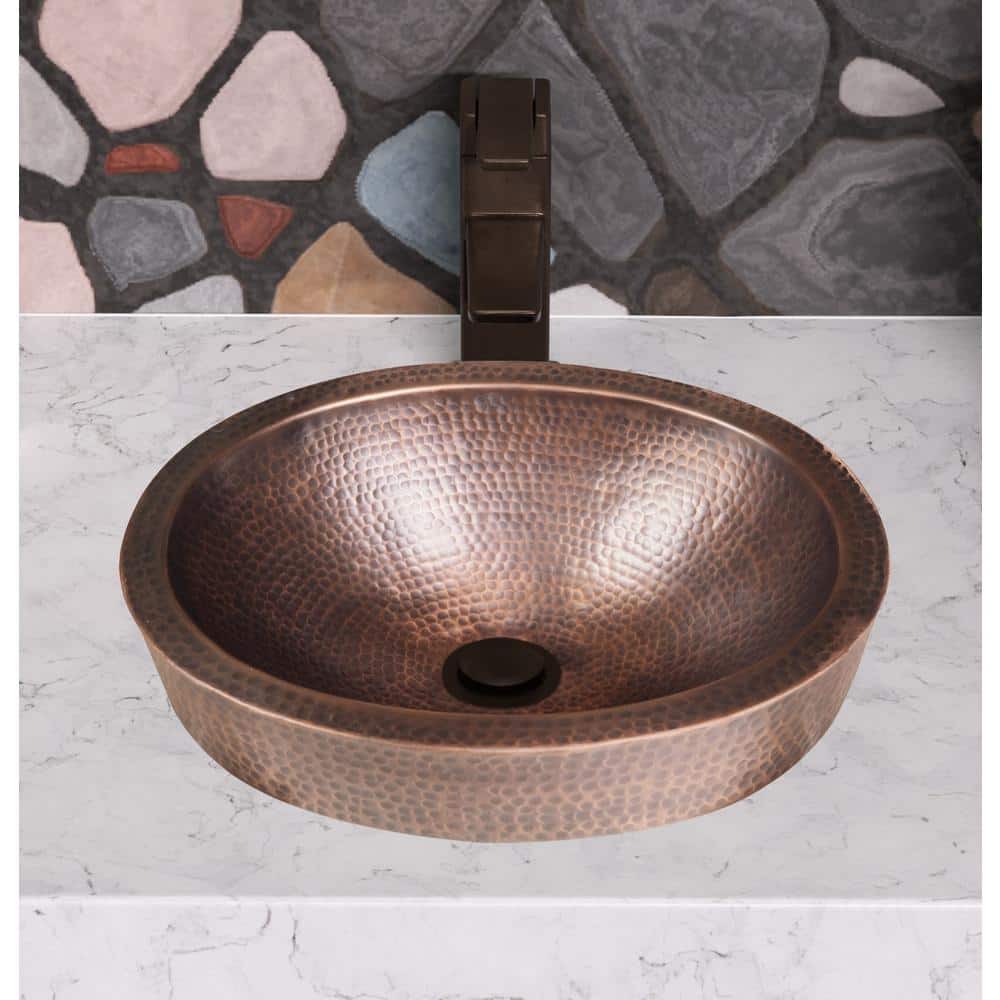 Hand Hammered Pure Copper Oval Undermount Bathroom Sink 17"