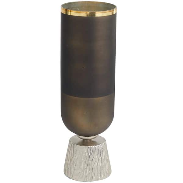 Litton Lane Bronze Glass Colorblock Candle Holder with Gold Accents and Textured Silver Base