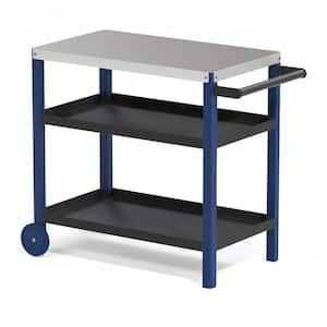 Navy Blue Outdoor Grill Carts Prep Cart Dining Table Steel Tabletop with Side Rack, 2 Black Shelves and 2 Wheels