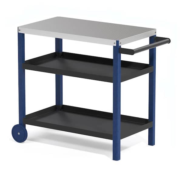 Zeus & Ruta Navy Blue Outdoor Grill Carts Prep Cart Dining Table Steel Tabletop with Side Rack, 2 Black Shelves and 2 Wheels