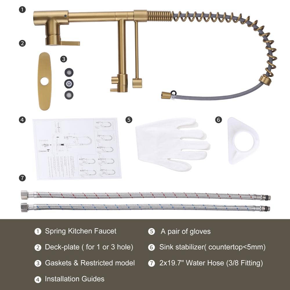Gold Deck Mounted Double Handle Pull Down Sprayer Kitchen Faucet