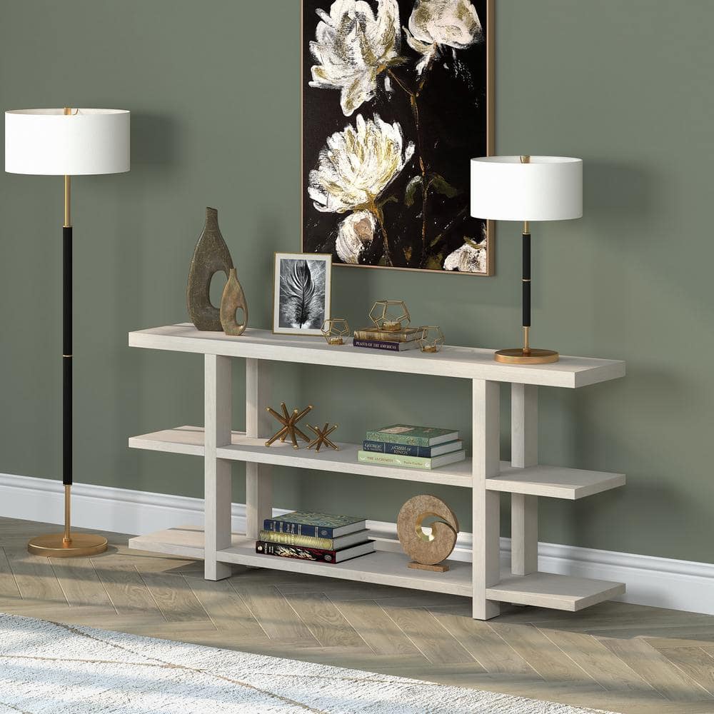 Alder White 64" Rectangular Console Table with Storage Shelves