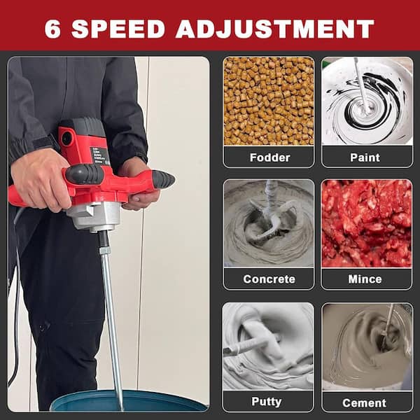 Handheld Electric Cement Mixer 6-Speed Adjustable Red Mud Mixer Drill Tool for Concrete Paint Mortar Grout Plaster