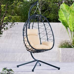 Outdoor Indoor Egg Chair with Stand & Cream Color Cushion PE Wicker Patio Chair Swing Chair Lounge Hanging Basket Chair