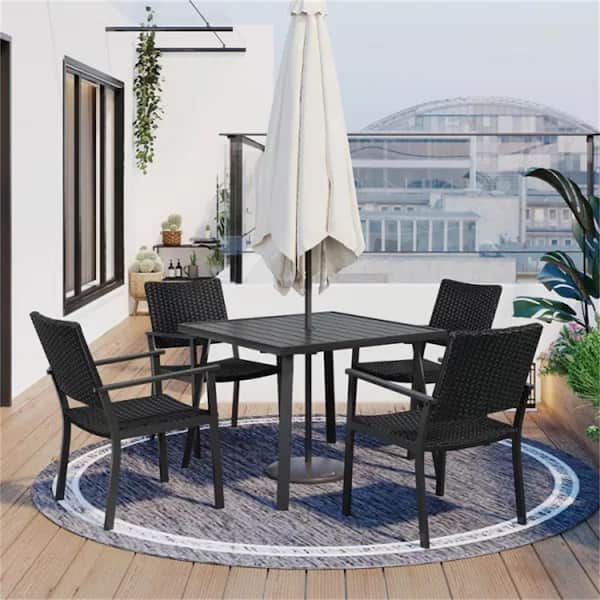 ITOPFOX 5-Piece PE Wicker Outdoor Dining Table Set with Patio Umbrella Hole and 4 Dining Chairs for Garden, Deck, Black