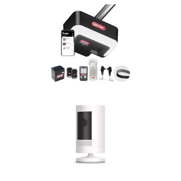 1-1/4 HP Smart Belt Garage Door Opener with LED Lighting, Battery Backup and Outdoor Cam Battery Security Camera