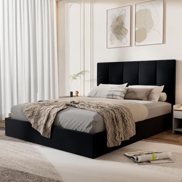 Black Plywood Frame King Size Linen Upholstered Platform Bed with Lift-up Storage Supported by Metal and Wooden Slats