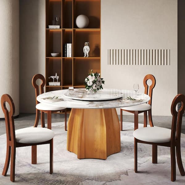 59.05 in. Pandora Round Rotary Lazy Susan Dining Table Sintered Stone Tabletop with Walnut Pedestal Base (Seats-8)
